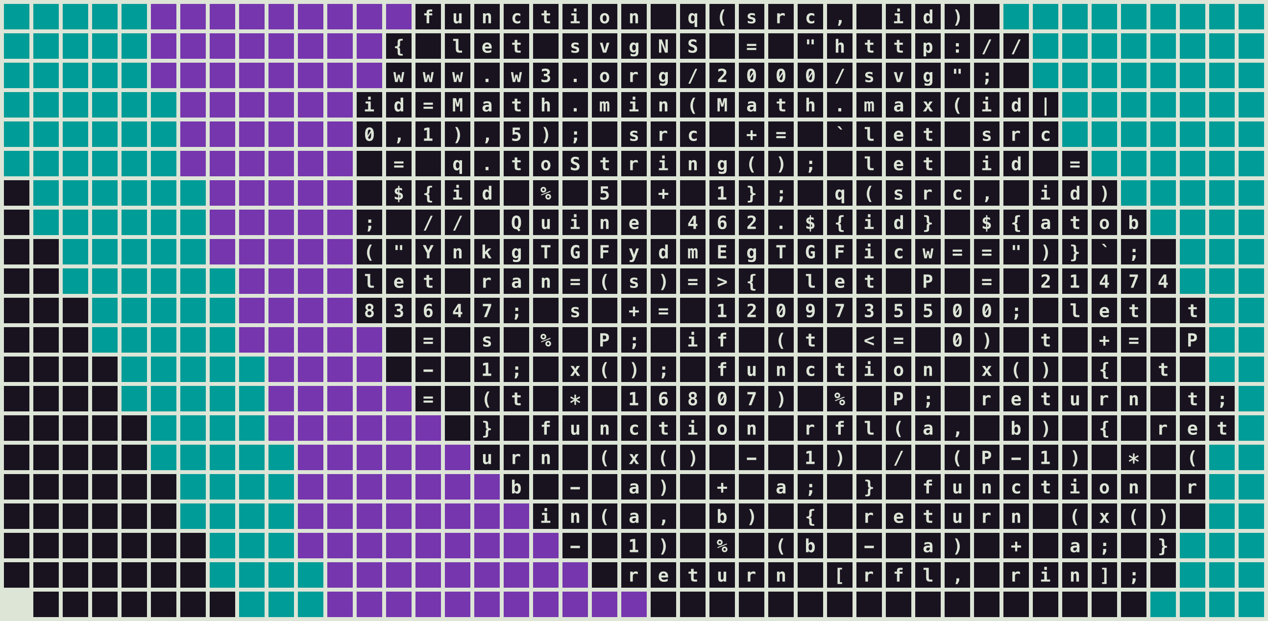A zoomed-in view of a Quine with the embedded code visible.